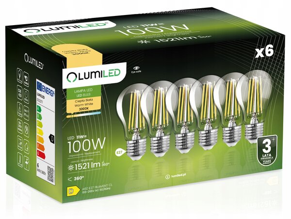 6x LED žárovka E27 A60 11W = 100W 1521lm 3000K teplá bílá 360° filament Lumiled