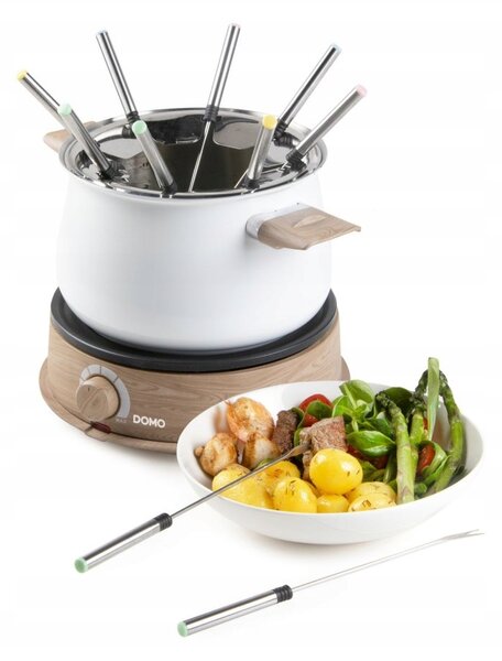 DOMO DO736F Elektrický set na fondue 2l, 1500W, 8 vidliček, bílá barva s dřevěnými prvky