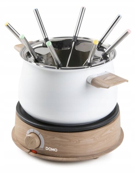 DOMO DO736F Elektrický set na fondue 2l, 1500W, 8 vidliček, bílá barva s dřevěnými prvky