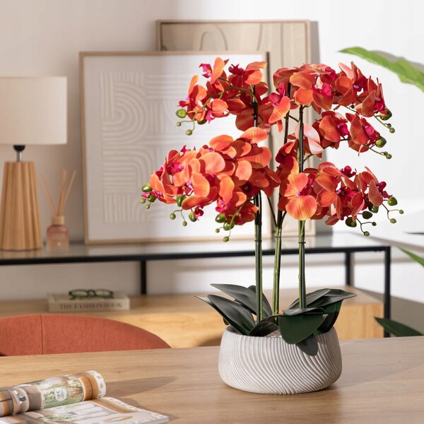 UMĚLÝ KVĚT V KVĚTINÁČI ORCHIDEJ UMĚLÁ ORCHIDEJ 65 cm ORANŽOVÁ