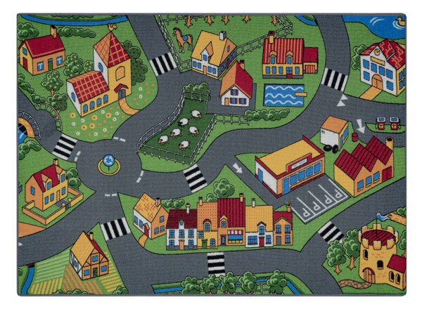 Dětský koberec REBEL ROADS Village life 90 Osada, protiskluzový - šedý