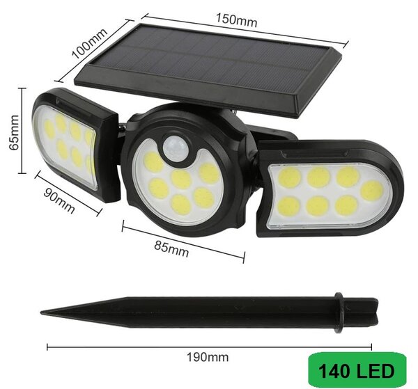 Bavlissimo Solární LED světlo s čidlem pohybu a třemi reflektory počet LED: 140 LED