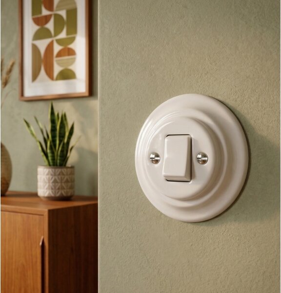 Bohemia-Design - Porcelánový retro jednoduchý vypínač s rámečkem č. 7 bílá