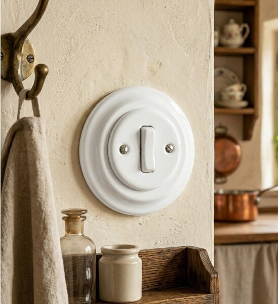 Bohemia-Design - Porcelánový retro jednoduchý vypínač s rámečkem č. 1 bílá