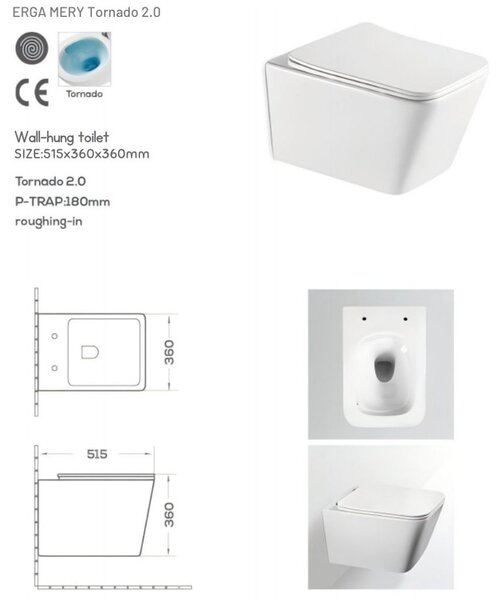 Erga Mery+, závěsná WC mísa 515x360x360mm, Rimless Tornado 2 + toaletní sedátko s pomalým zavíráním, bílá, ERG-V03-MERY-TO2-WH