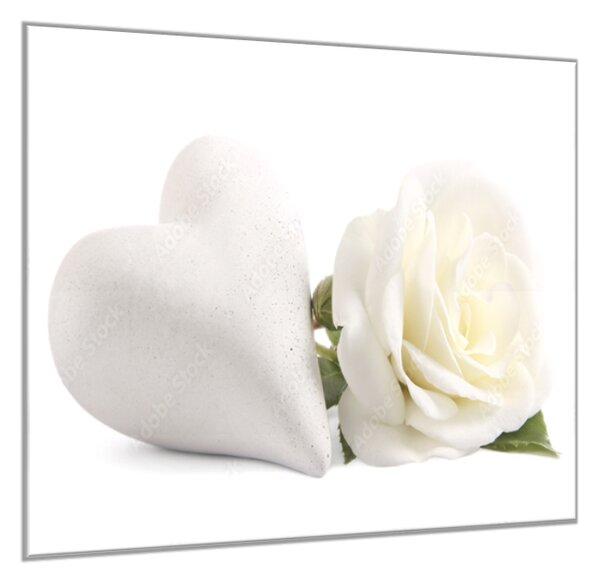 Obraz skleněný čtvercový květ bílé růže a srdce - 40 x 40 cm