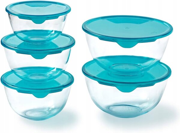 Sada 5 skleněných salátová mísa misek s víčky Pyrex