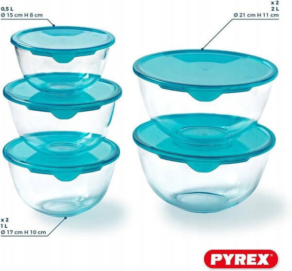 Sada 5 skleněných salátová mísa misek s víčky Pyrex