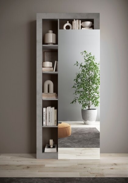 Šatní skříň se zrcadlem LENOR 91x209 x30 cm bílá/šedá beton