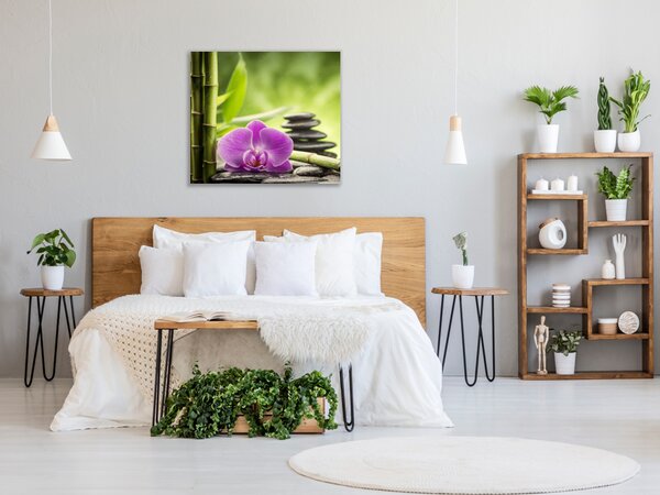 Obraz skleněný čtvercový bambus, orchidej a kámen - 50 x 50 cm