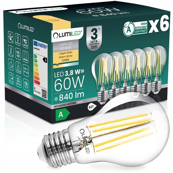 6x LED žárovka E27 filament, třída A, 3,8W 840LM (ekvivalent 60W), 2700K, 360° Lumiled