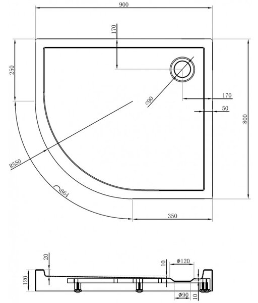Mexen Flow+ asymetrický pravý čtvrtkruhový sprchový kout 90 x 80 cm, černá matná, 46Q708090RH