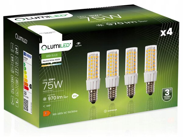 4x LED žárovka E14 trubková T25 10W = 75W 970lm 4000K neutrální bílá 320°