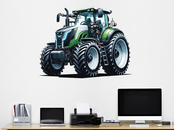 Zelenobílý traktor textilní přelepitelná samolepka na zeď arch 47 x 37 cm