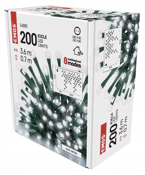 Vánoční osvětlení rampouchy 200 LED 3,6 m, studená bílá, 8 programů, IP44