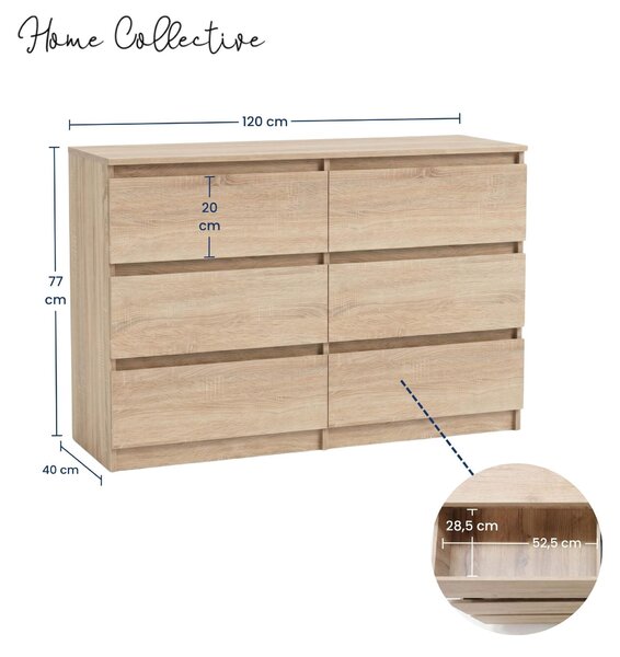 Komoda, skříňka, komoda s policemi | 6 zásuvek, rozměry 120x40x77 cm | Moderní design bez úchytek | Nábytek do ložnice, dětského pokoje, chodby | Barva: Sonoma (dub)
