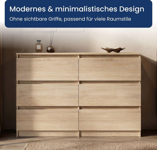 Komoda, skříňka, komoda s policemi | 6 zásuvek, rozměry 120x40x77 cm | Moderní design bez úchytek | Nábytek do ložnice, dětského pokoje, chodby | Barva: Sonoma (dub)