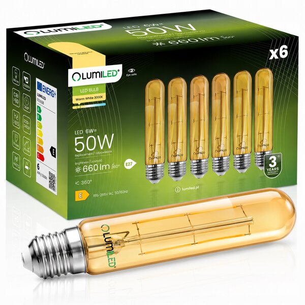 6x LED žárovka E27 TUBA T30 6W = 50W 3000K LUMILED