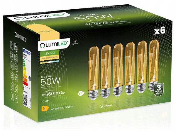 6x LED žárovka E27 TUBA T30 6W = 50W 3000K LUMILED