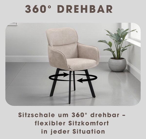 Sada 2 židlí byLIVING RICO / potah z tkaniny v barvě taupe, podnož v černé barvě / otočná o 360° / jídelní židle / kuchyňská židle / šířka 61 x výška 90 x hloubka 63 cm