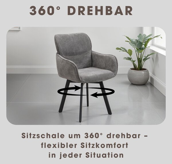 Sada 2 židlí byLIVING RICO / potah z tkaniny v tmavě šedé barvě, podnož v černé barvě / otočná o 360° / jídelní židle / kuchyňská židle / šířka 61 x výška 90 x hloubka 63 cm