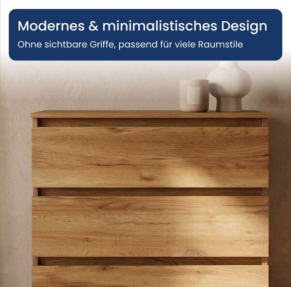 Komoda Home Collective s 3 zásuvkami | Komoda, skříňka, nábytek do ložnice, dětského pokoje, chodby | Moderní design bez úchytek | Barva: Craft-dub. Rozměry: 70 x 40 x 77 cm