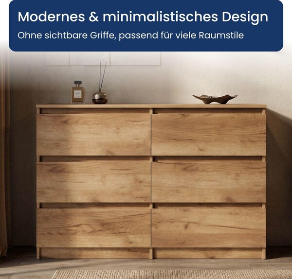 Komoda, komoda s šuplíky, příborník | 6 zásuvek, rozměry 120x40x77 cm | Moderní design bez úchytek | Nábytek do ložnice, dětského pokoje, chodby | Materiál: dýha dubu