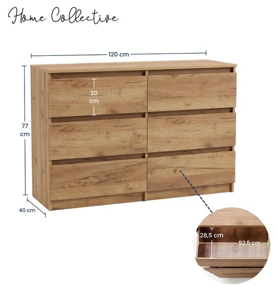 Komoda, komoda s šuplíky, příborník | 6 zásuvek, rozměry 120x40x77 cm | Moderní design bez úchytek | Nábytek do ložnice, dětského pokoje, chodby | Materiál: dýha dubu