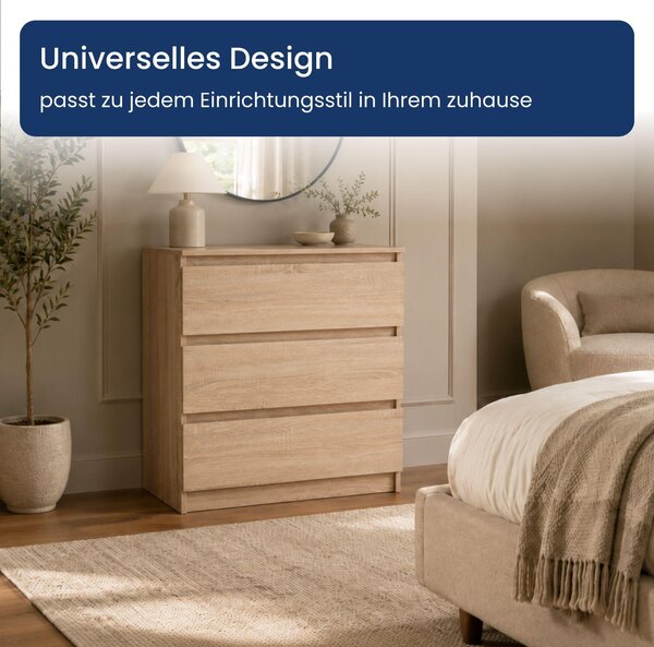 Komoda Home Collective s 3 zásuvkami | Komoda, skříňka, nábytek do ložnice, dětského pokoje, chodby | Moderní design bez úchytek | Barva: Sonoma (dub). Rozměry: 70 x 40 x 77 cm