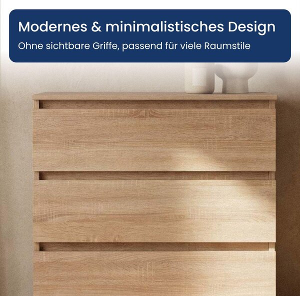 Komoda Home Collective s 3 zásuvkami | Komoda, skříňka, nábytek do ložnice, dětského pokoje, chodby | Moderní design bez úchytek | Barva: Sonoma (dub). Rozměry: 70 x 40 x 77 cm