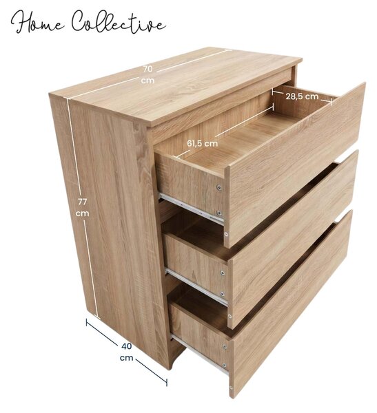 Komoda Home Collective s 3 zásuvkami | Komoda, skříňka, nábytek do ložnice, dětského pokoje, chodby | Moderní design bez úchytek | Barva: Sonoma (dub). Rozměry: 70 x 40 x 77 cm