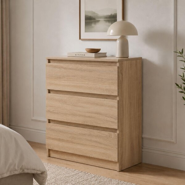 Komoda Home Collective s 3 zásuvkami | Komoda, skříňka, nábytek do ložnice, dětského pokoje, chodby | Moderní design bez úchytek | Barva: Sonoma (dub). Rozměry: 70 x 40 x 77 cm