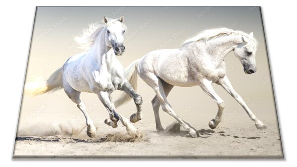 Skleněné prkénko dva běžící bílí koně - 40x30cm