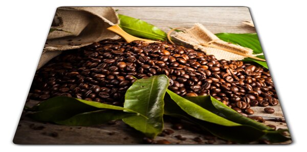 Skleněné prkénko zrna kávy, listí a tkanina - 30x20cm