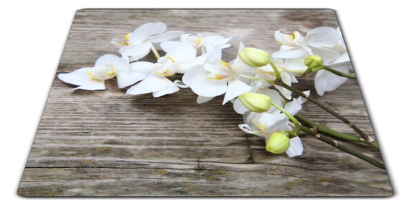 Skleněné prkénko květy bílé orchideje na dřevě - 30x20cm