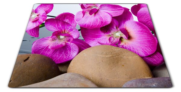Skleněné prkénko květy orchideje a hnědý kámen - 30x20cm