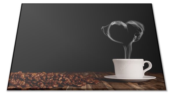 Skleněné prkénko káva, bílý hrnek se srdcem z kouře - 30x20cm