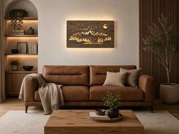 "Hory" světelný obraz s baterií a pohybovým čidlem 80x45 cm provedení povrchu: dub světlý