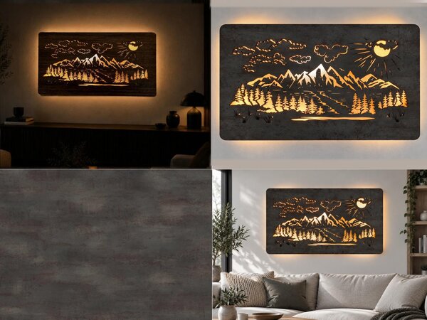 "Hory" světelný obraz s baterií a pohybovým čidlem 80x45 cm provedení povrchu: dub světlý
