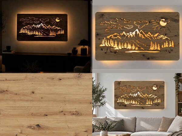 "Hory" světelný obraz s baterií a pohybovým čidlem 80x45 cm provedení povrchu: dub světlý