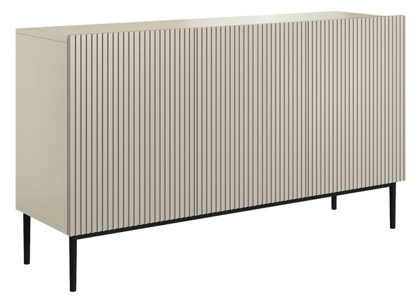 Moderní třídveřová komoda Nicole 150 cm s ryhovaným čelem - kašmír / černé nohy
