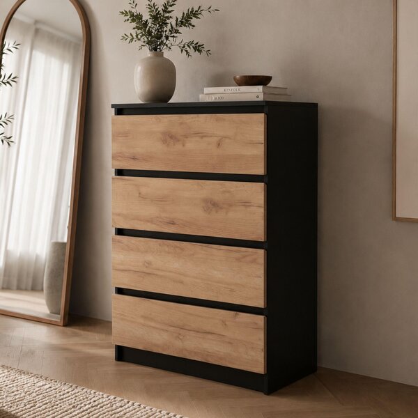 Komoda Home Collective s 4 zásuvkami | Komoda, komoda se zásuvkami, skříňka, nábytek do předsíně – 70x40x100 cm | do ložnice, dětského pokoje, předsíně | moderní design bez úchytek | barva: černý dub