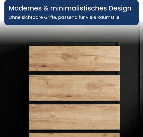 Komoda Home Collective s 4 zásuvkami | Komoda, komoda se zásuvkami, skříňka, nábytek do předsíně – 70x40x100 cm | do ložnice, dětského pokoje, předsíně | moderní design bez úchytek | barva: černý dub