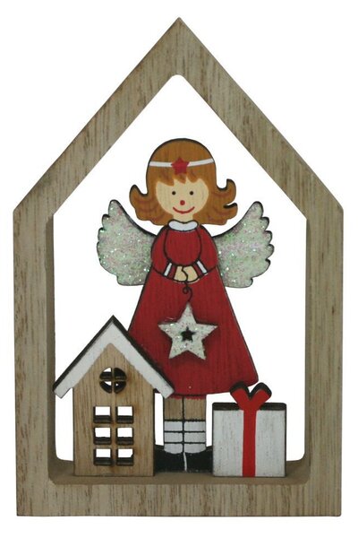 Dřevěná dekorace domeček s červeným andělem 2009318