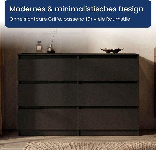Komoda, skříňka, nebo komoda s policemi | 6 zásuvek, rozměry 120x40x77 cm | Moderní design bez úchytek | Nábytek do ložnice, dětského pokoje, chodby | Černá barva