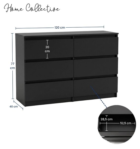 Komoda, skříňka, nebo komoda s policemi | 6 zásuvek, rozměry 120x40x77 cm | Moderní design bez úchytek | Nábytek do ložnice, dětského pokoje, chodby | Černá barva