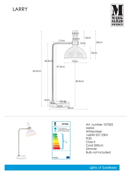 Markslöjd 107502 - Stmívatelná stolní lampa LARRY 1xE27/60W/230V
