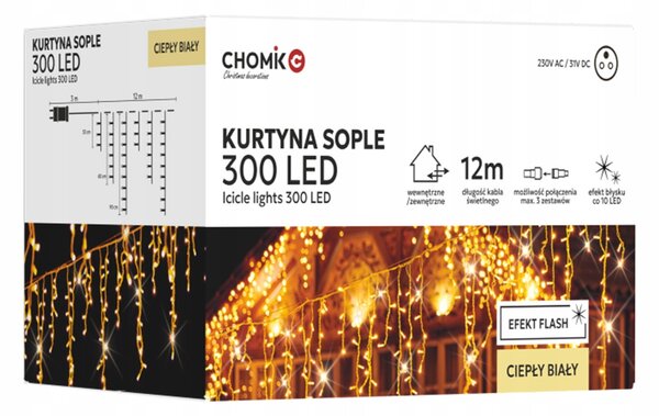 SVĚTELNÝ ZÁVĚS 300 LED VNĚJŠÍ VNITŘNÍ 15M RAMPOUCHY TEPLÁ BÍLÁ FLASH