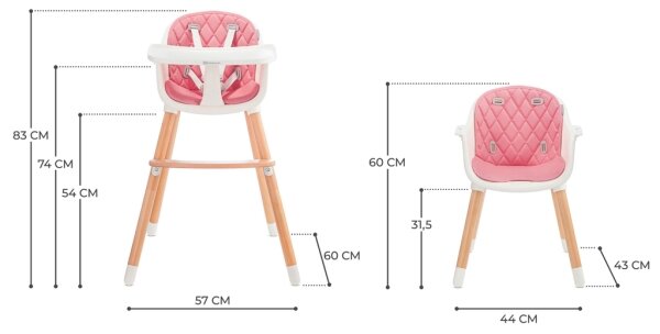 KINDERKRAFT - Dětská jídelní židle 2v1 SIENNA buk/růžová