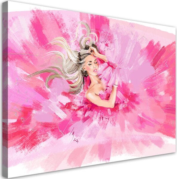 Obraz na plátně Růžové šaty Móda Blondýnka Elegance - Irina Sadykova Rozměry: 60 x 40 cm